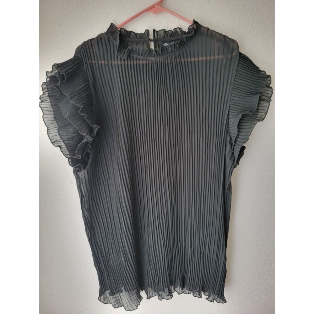 City Chic Women's M/18 Black Pleated Chiffon Blouse Ruffle Flutter Sleeve Sheer